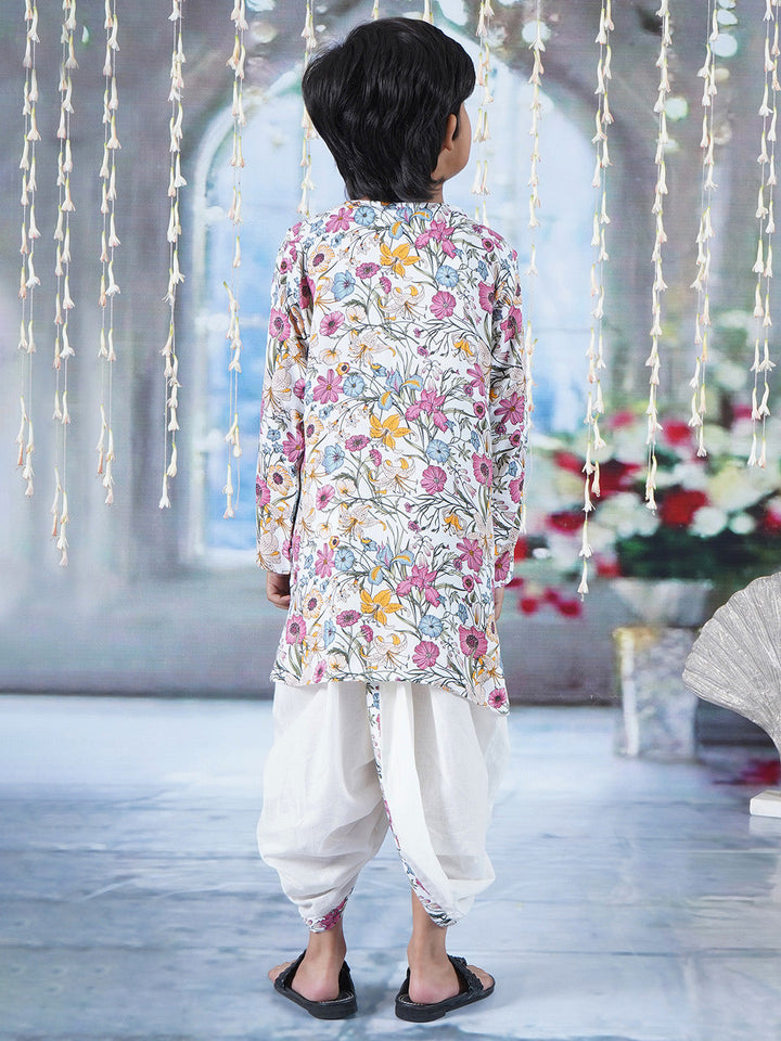 Boys Cotton Full Sleeves Kurta Dhoti with Garden Guldaudi Floral Print and Pearl Buttons - Off White | SHOBITAM