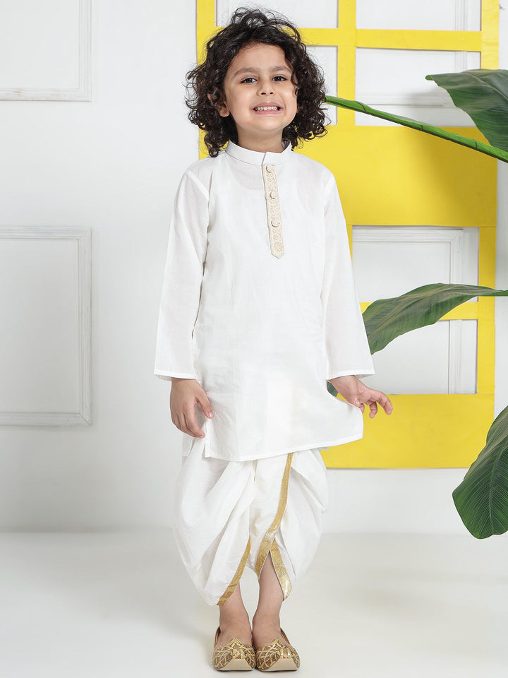 Cream Minimal Zari Embroidery Cotton Kurta Dhoti set | SHOBITAM