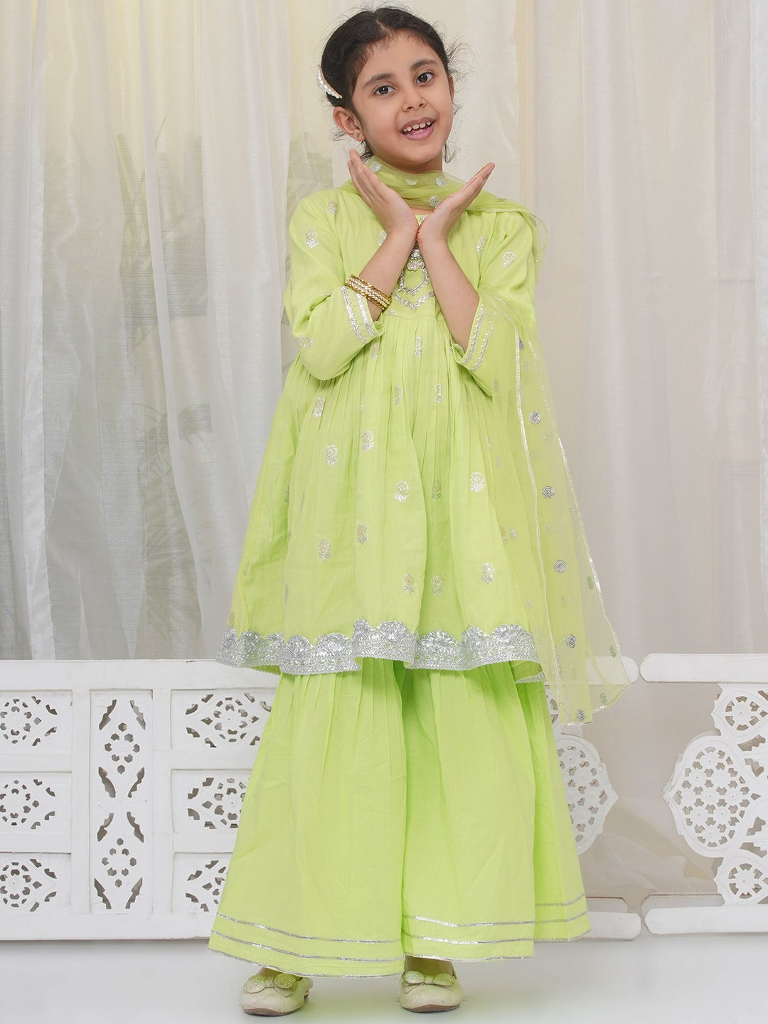 Girls Cotton Three Fourth Sleeves Frock Style Kurta with Sharara and Net Dupatta with Rose & Petal Design Zari work -Green | SHOBITAM