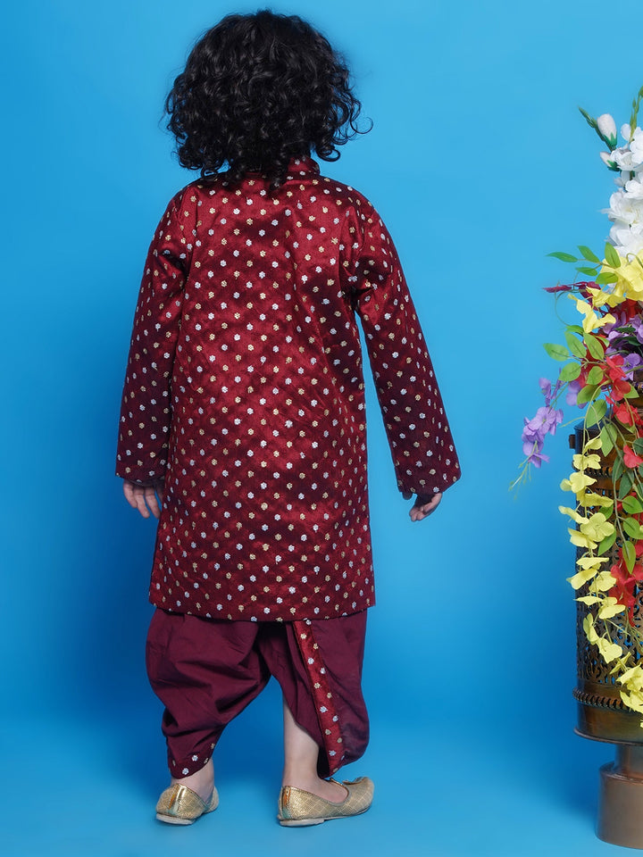 Chand Sitare Sherwani with Golden Buttons and Dhoti - Maroon | SHOBITAM