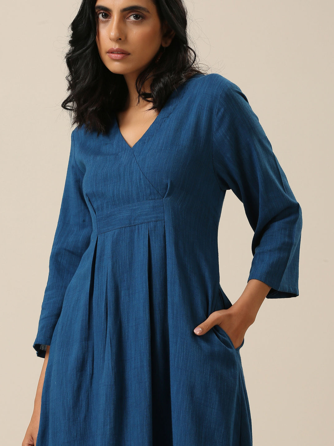 Classic Blue Slub Texture Overlap Pleat Kurta Pant Set  | SHOBITAM