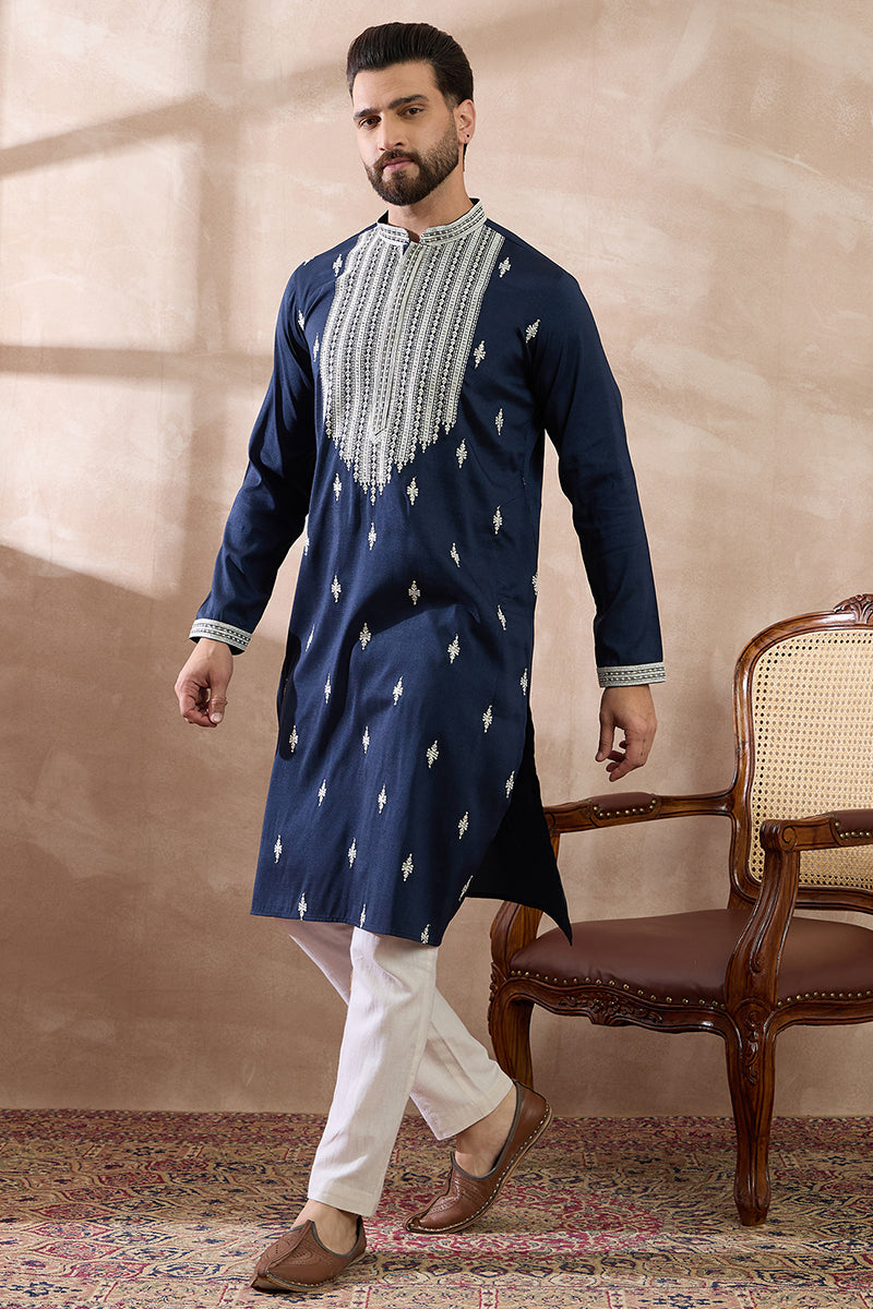 Navy Blue Silk Blend Embroidered Mandarin Collar Straight Kurta | SHOBITAM
