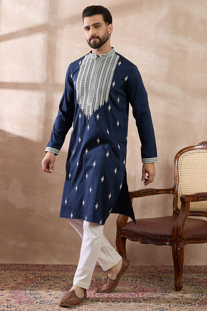Navy Blue Silk Blend Embroidered Mandarin Collar Straight Kurta | SHOBITAM