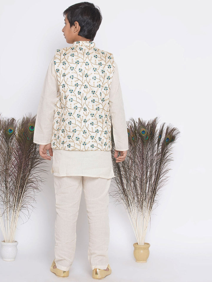 Silk Blue Floral Embroidery Jacket with Cotton Kantha kurta and Kantha Pyjama | SHOBITAM