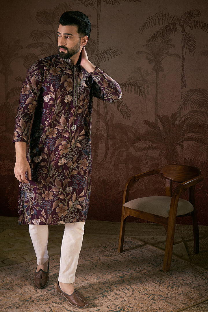 Purple Silk Blend Floral Printed Straight Kurta With Trouser | SHOBITAM