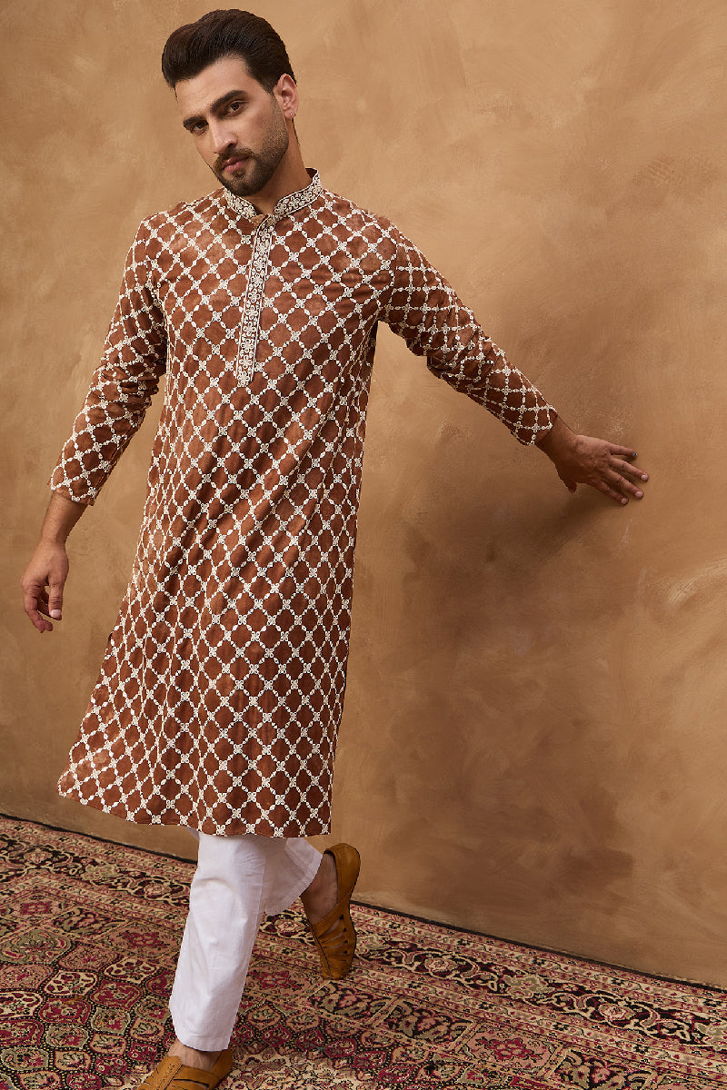 Brown Viscose Rayon Solid Embroidered Straight Kurta With Pant Set | Shobitam