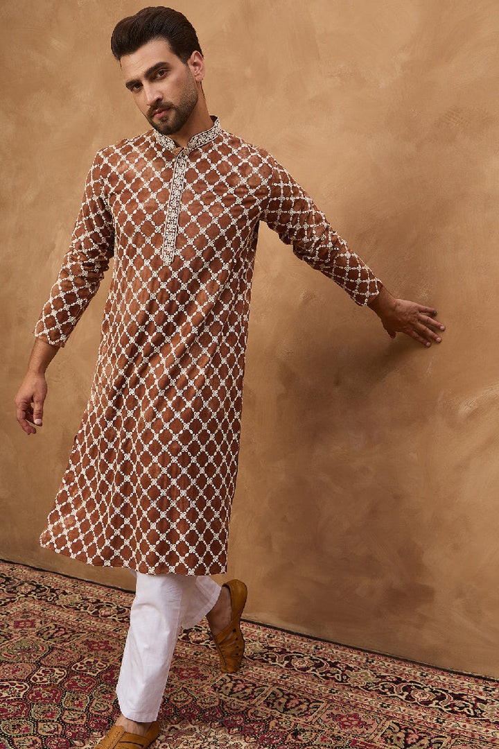 Brown Viscose Rayon Solid Embroidered Straight Kurta With Pant Set | Shobitam
