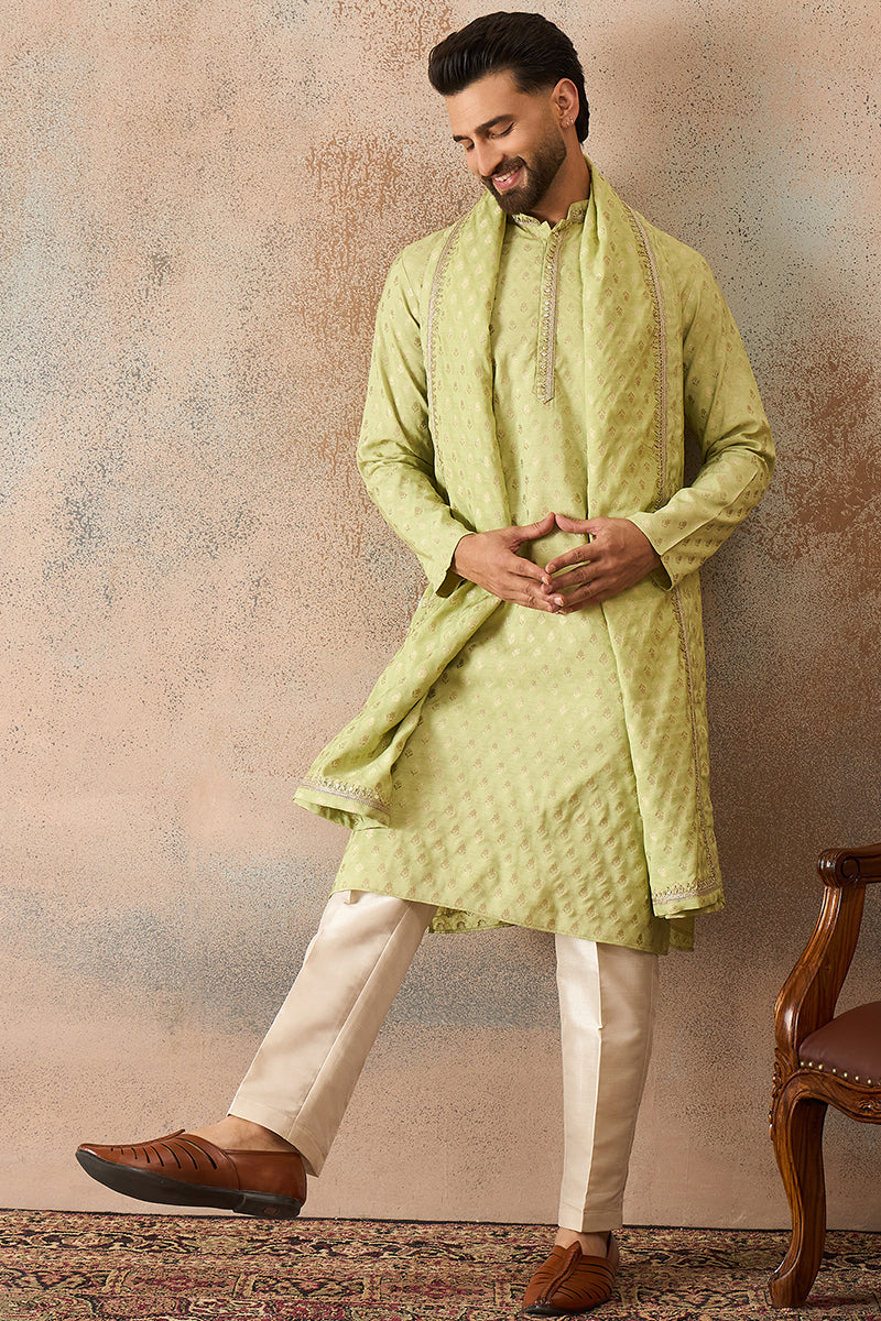 Men Green Jacquard Woven Design Floral Straight Kurta Sets  | SHOBITAM