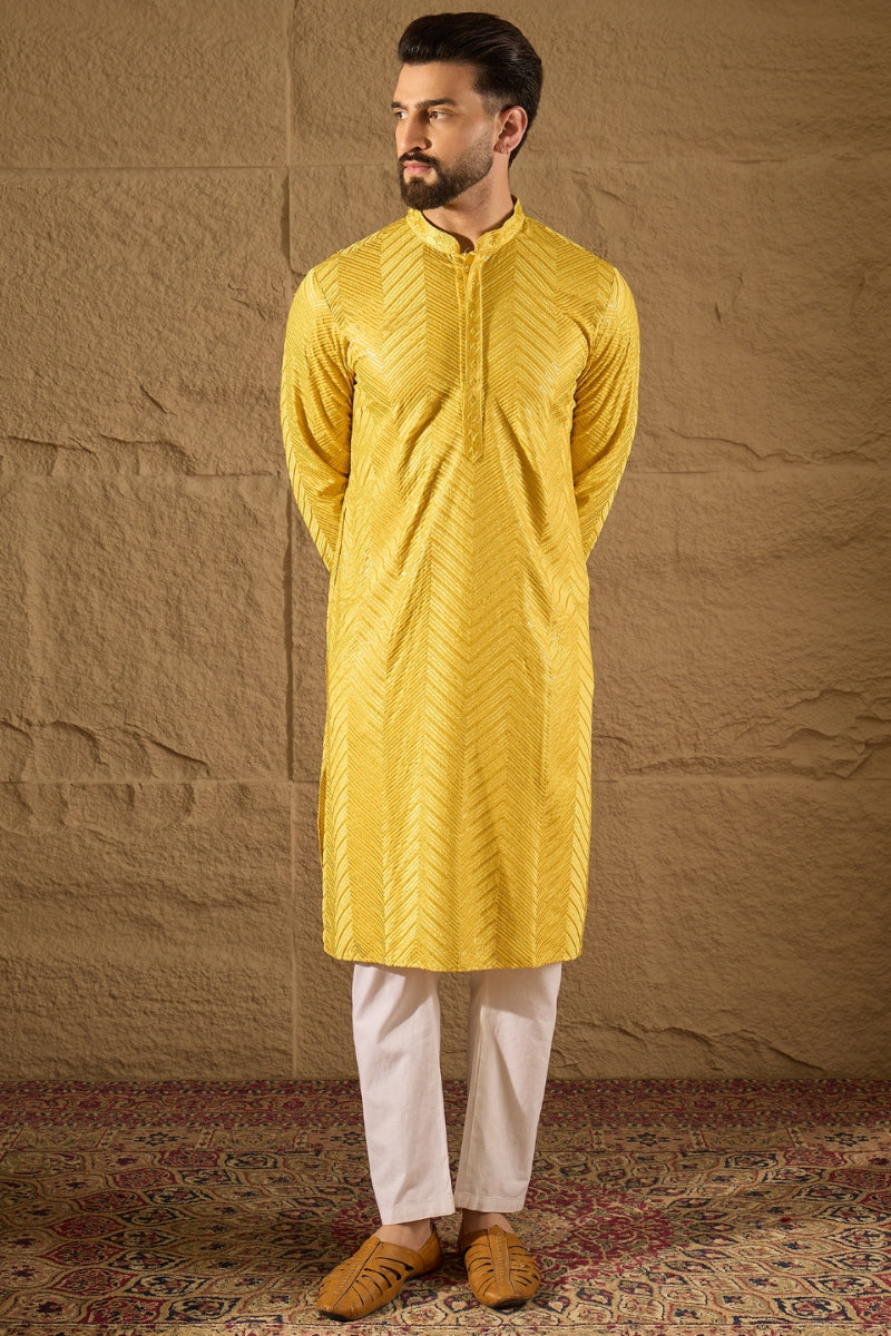 Yellow Viscose Rayon Solid Embroidered Straight Kurta | SHOBITAM