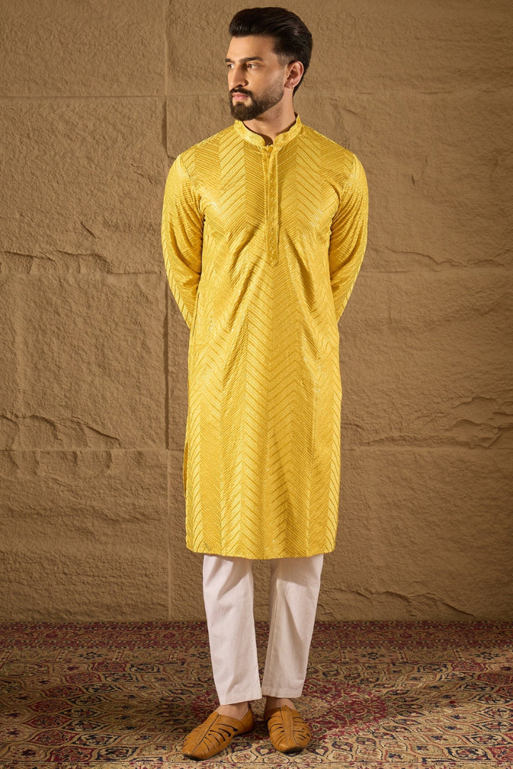 Yellow Viscose Rayon Solid Embroidered Straight Kurta | SHOBITAM