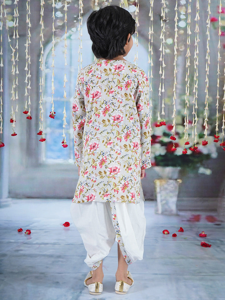 Boys Cotton Full Sleeves Kurta Dhoti with Garden Rose Print and Pearl Buttons - Antique Green  | SHOBITAM