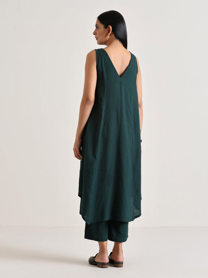 Dark Green Sleeveless Flared Kurta Pant Set | SHOBITAM