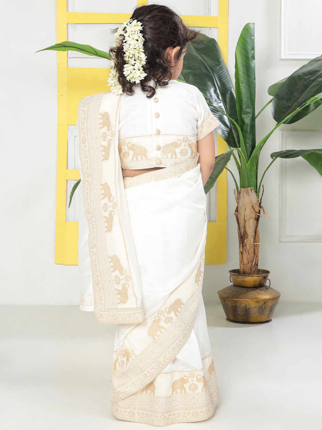 Cream Elephant Zari Embroidery Ready to Wear Saree with Stitched Blouse set | SHOBITAM