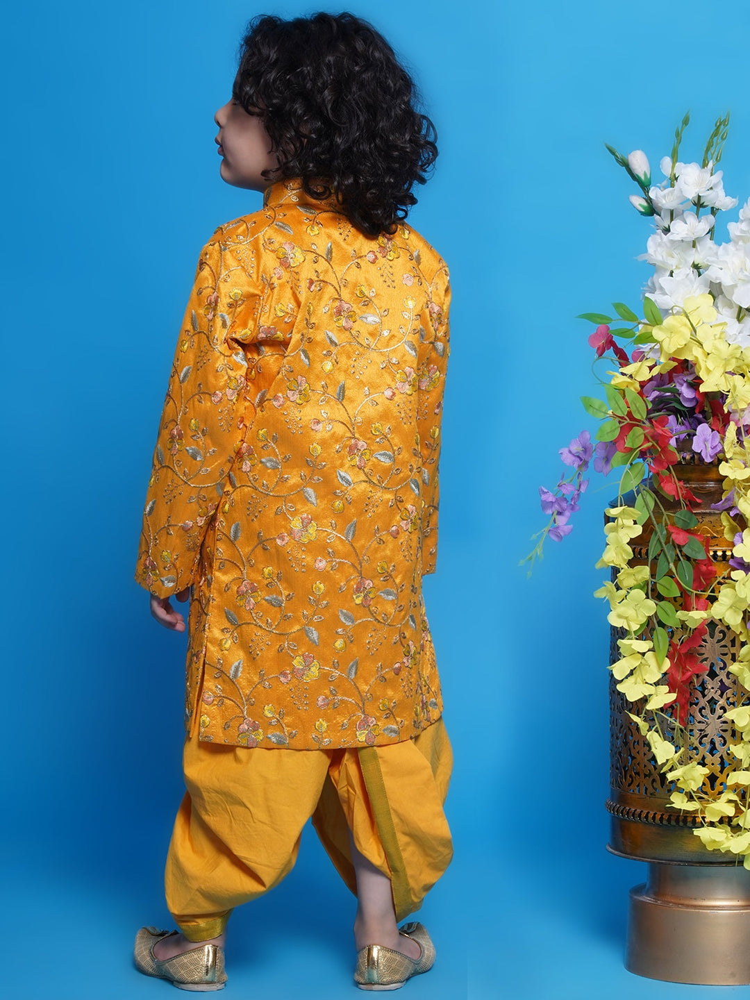 Pretty Floral Sherwani with Dhoti - Haldi Yellow | SHOBITAM