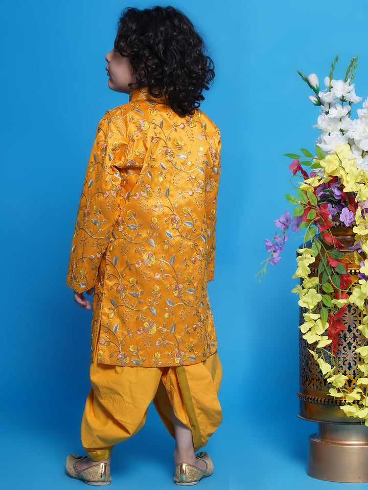 Pretty Floral Sherwani with Dhoti - Haldi Yellow | SHOBITAM