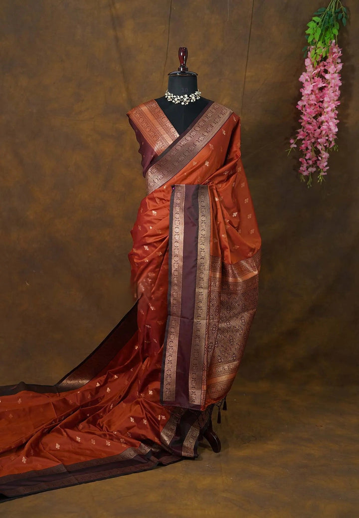 Rust Orange Art Silk Saree with Maroon Rettaipet Borders | SHOBITAM