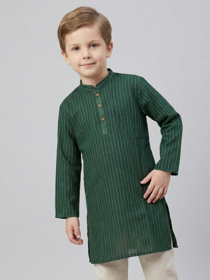 Boys Teal Green Striped Mandarin Collar Cotton Kurta Set | SHOBITAM
