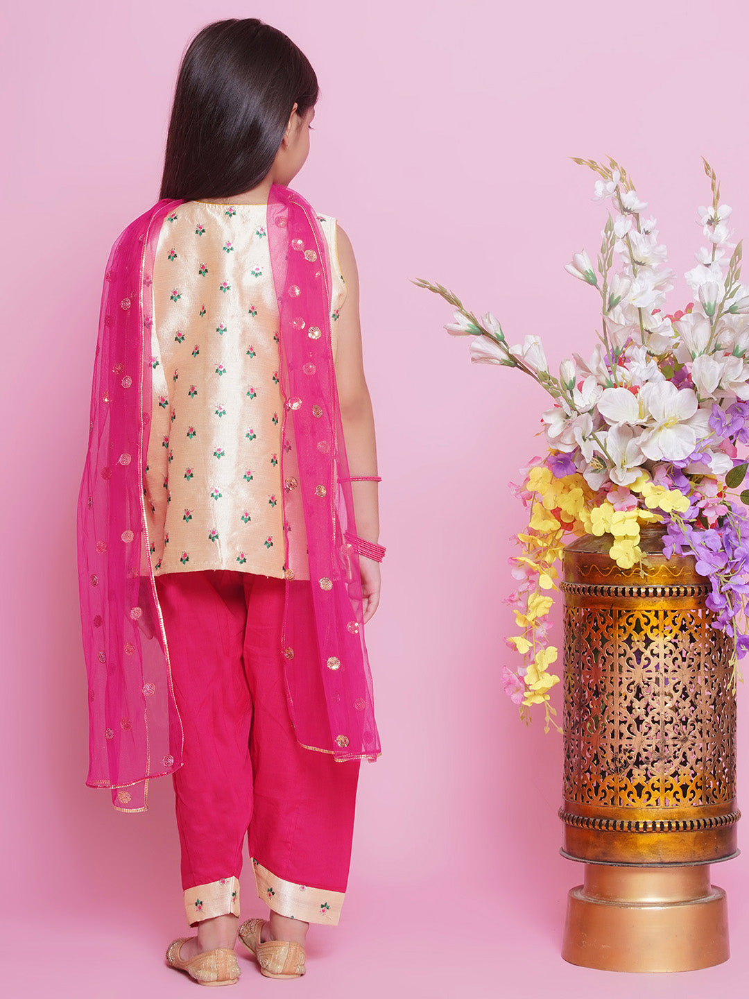 Mulberry  Semi-Silk Sleeveless Floral Choti Buti Embroidery Kurta with Salwar & Dupatta - Cream and Pink