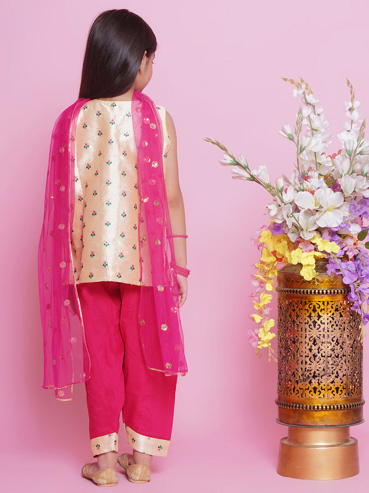 Mulberry  Semi-Silk Sleeveless Floral Choti Buti Embroidery Kurta with Salwar & Dupatta - Cream and Pink