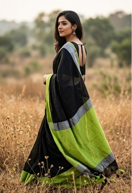 Black and Leaf Green Wide Border Linen by Linen Saree | SHOBITAM