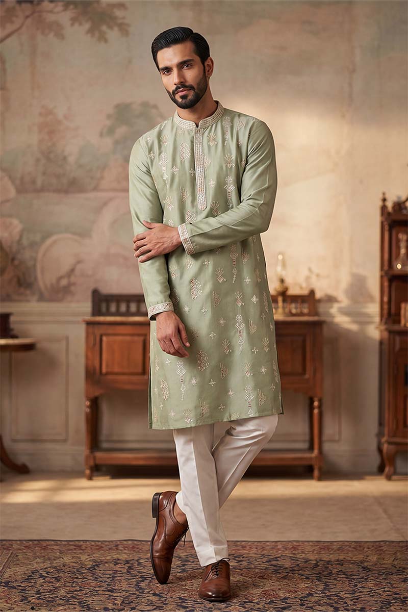 Mens Green Silk Blend Solid Embroidered Kurta With Trousers | SHOBITAM
