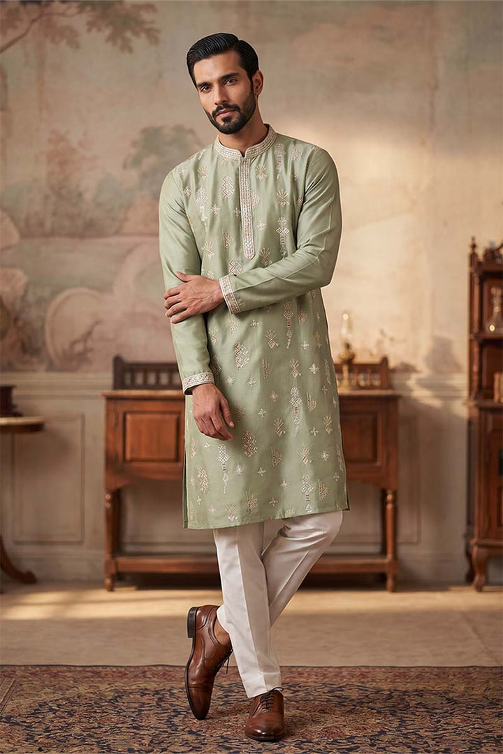 Mens Green Silk Blend Solid Embroidered Kurta With Trousers | SHOBITAM