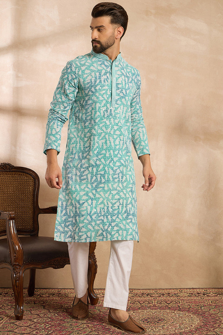 Teal Viscose Rayon Solid Printed Straight Kurta With Trouser| SHOBITAM