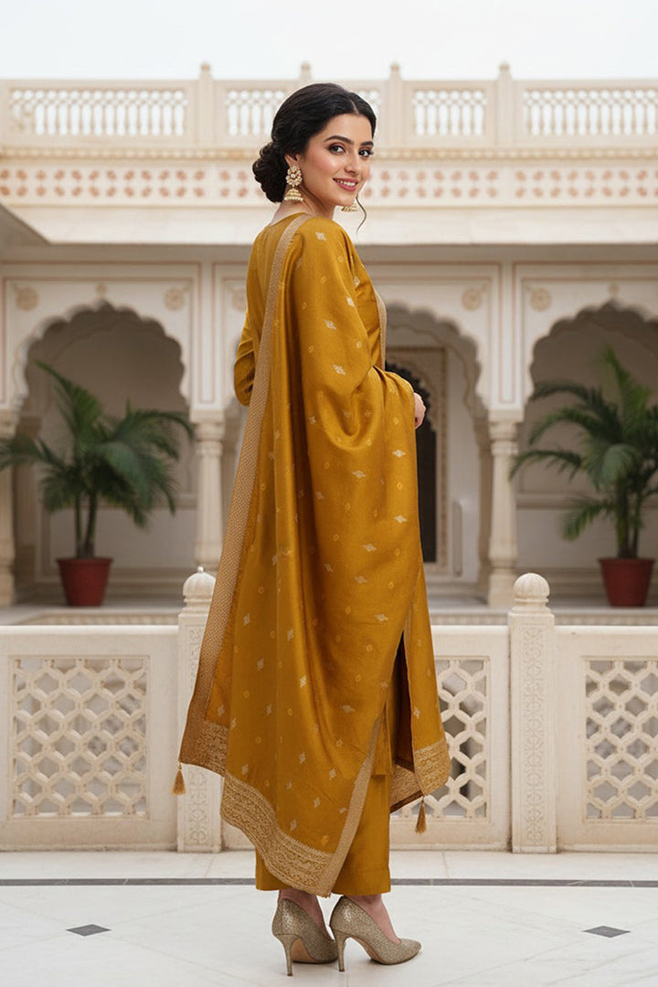 Mustard Yellow Silk Blend Ethnic Motifs Woven Design Straight Suit Set | SHOBITAM