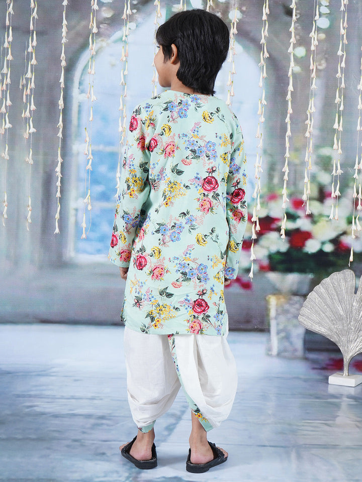 Boys Cotton Full Sleeves Kurta Dhoti with Rose Floral Print and Pearl Buttons - Green  | SHOBITAM