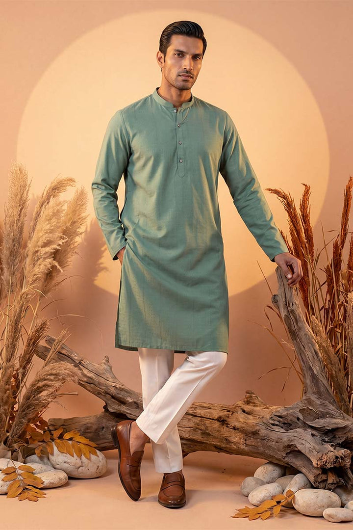 Mens Green Silk Blend Solid Solid Kurta With Trousers | SHOBITAM
