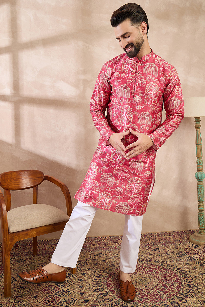 Pink Silk Blend Abstract Printed Straight Kurta For Men | SHOBITAM