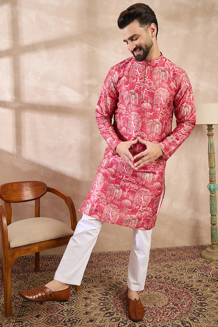 Pink Silk Blend Abstract Printed Straight Kurta For Men | SHOBITAM