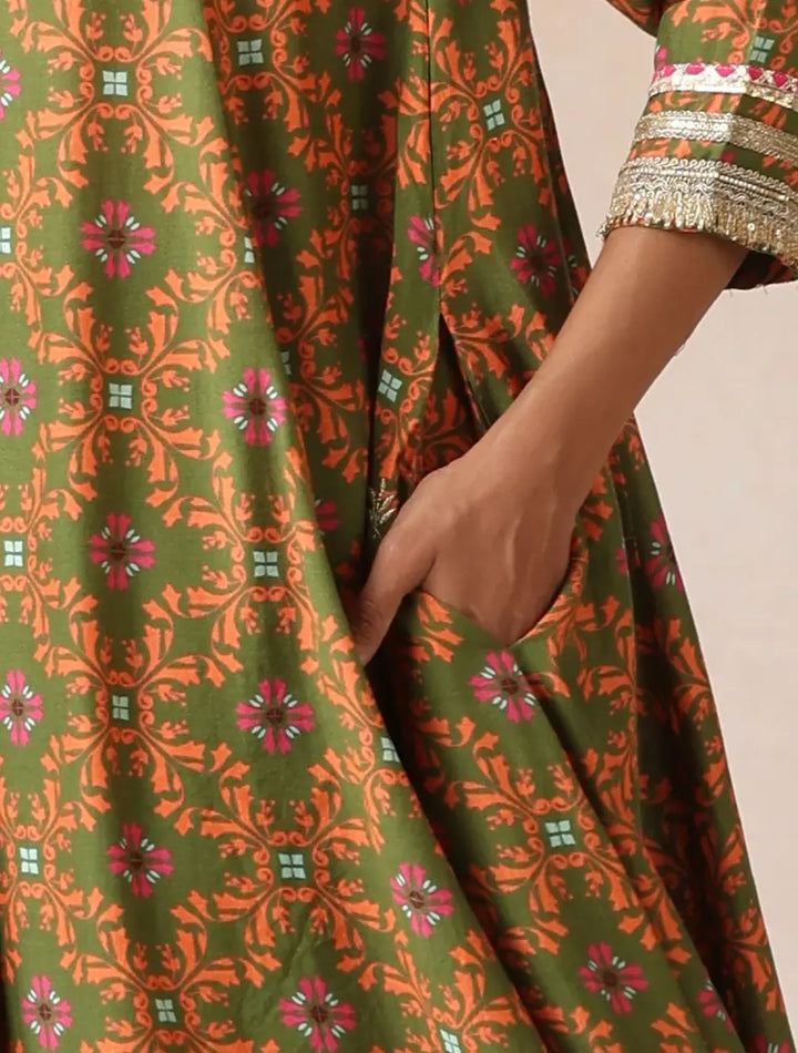 Dark Green Orange Jaal Print Viscose Flared Kurta Co-ord Set | SHOBITAM
