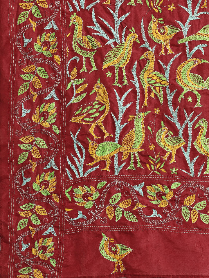 Red Bird Design Artsilk Kantha Saree with Blouse piece