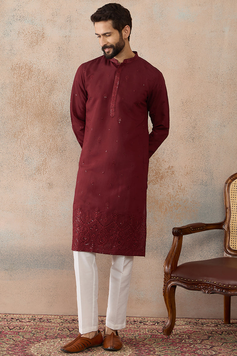 Mens Maroon Silk Blend Solid Emboidered Straight Kurta With Trouser | SHOBITAM