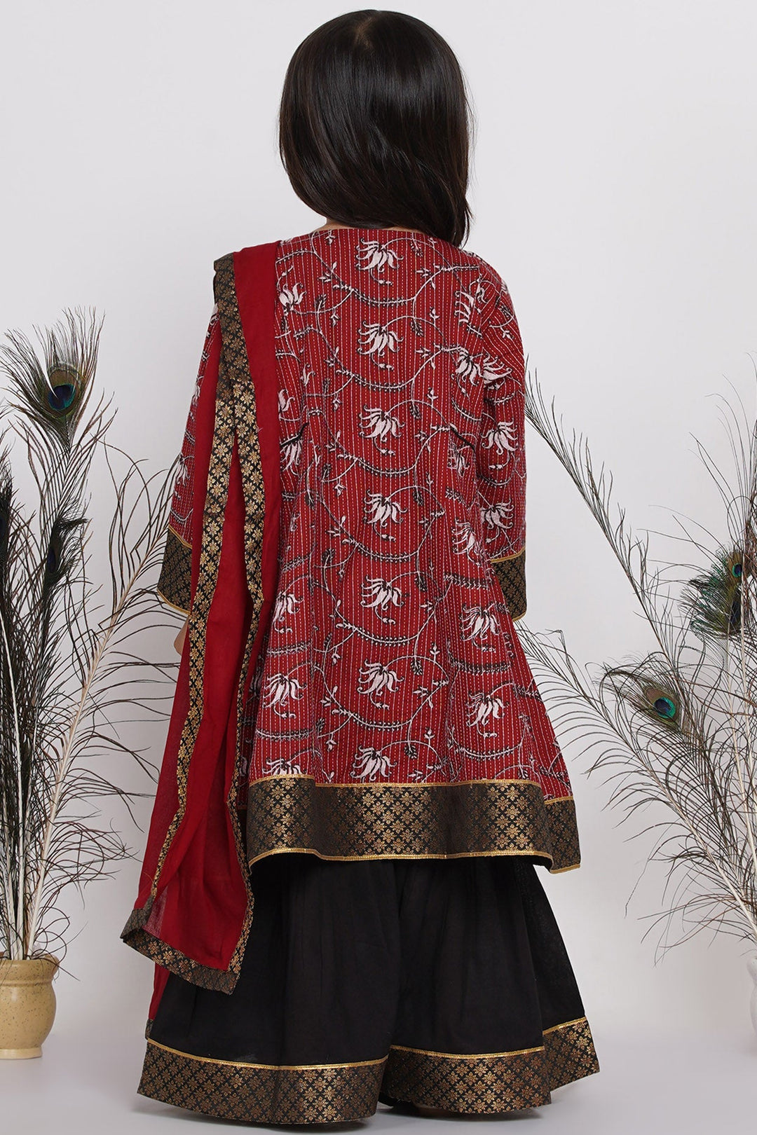 Girls Kantha work Lotus Print Long Maroon Kurta with Black Sharara and Dupatta | SHOBITAM