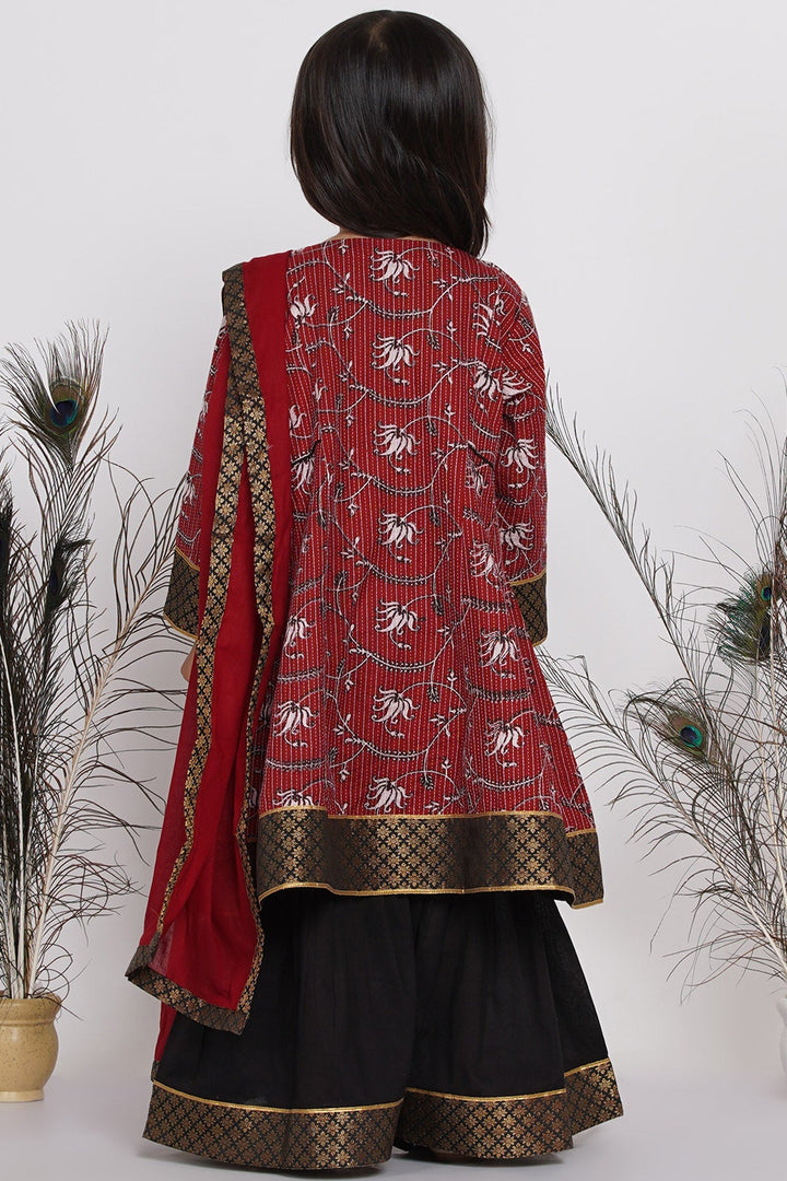 Girls Kantha work Lotus Print Long Maroon Kurta with Black Sharara and Dupatta | SHOBITAM