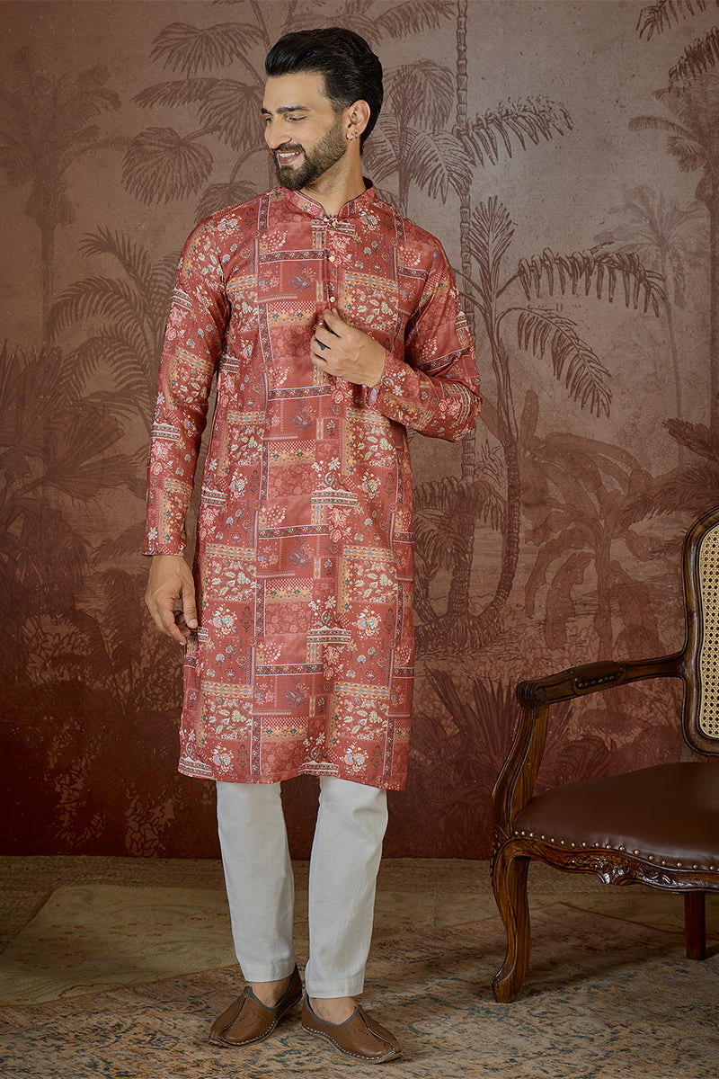 Mens Silk Blend Pink Abstract Printed Kurta | SHOBITAM