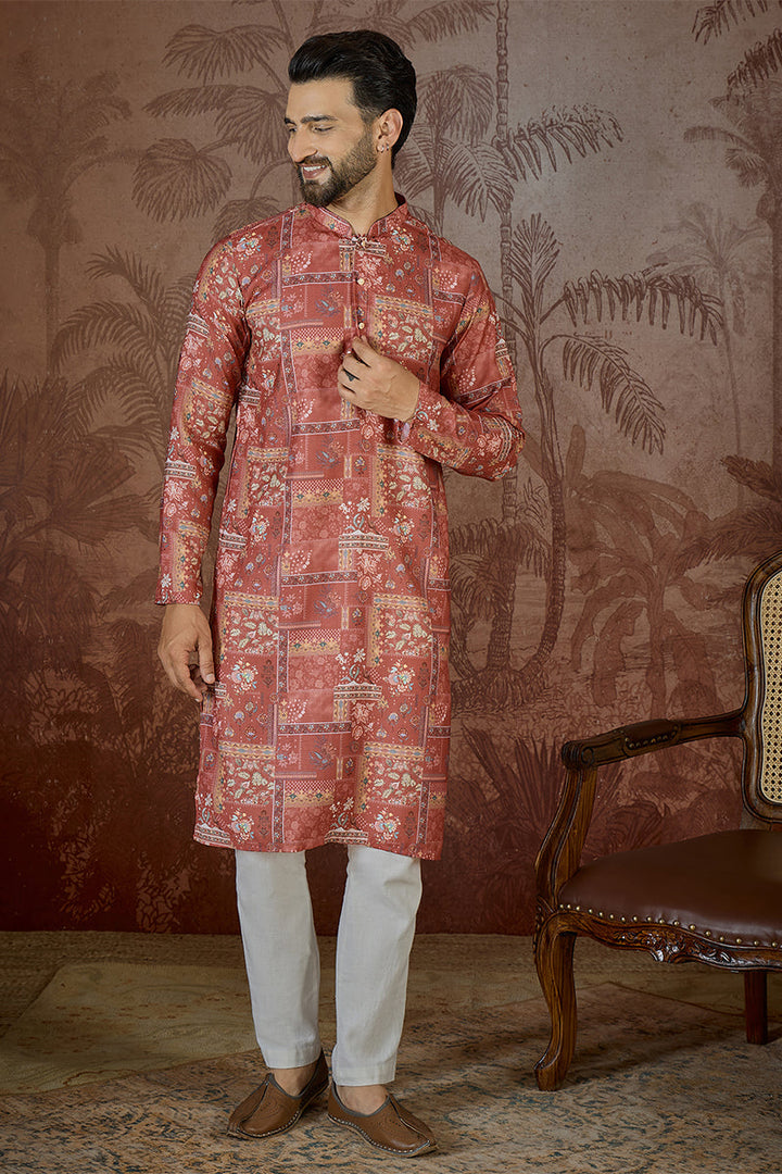 Mens Silk Blend Pink Abstract Printed Kurta | SHOBITAM