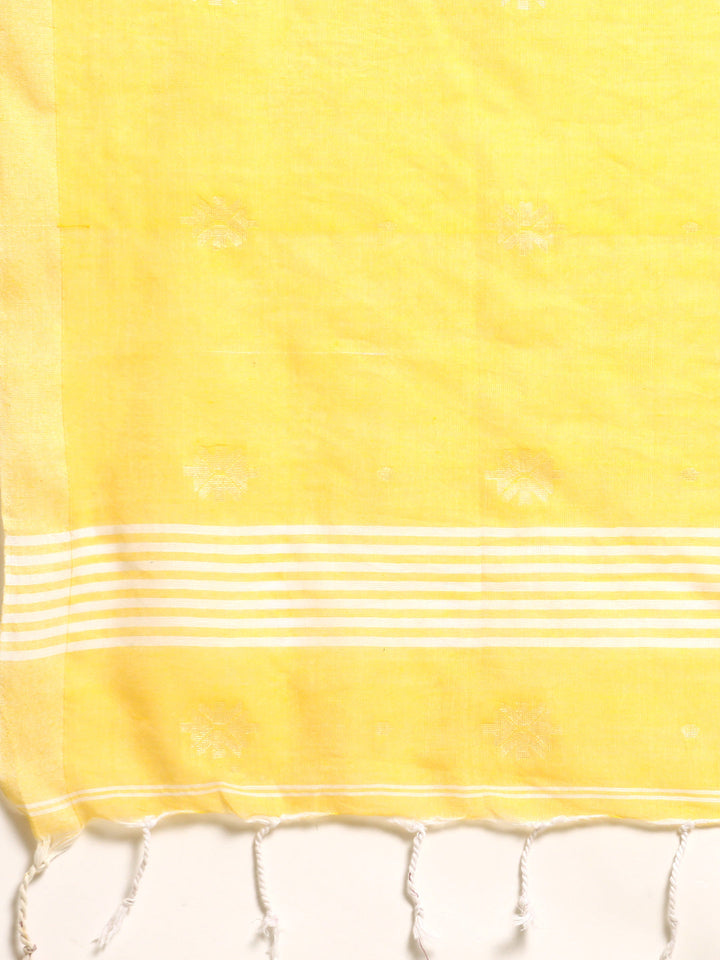Yellow White Buti Cotton Saree With Minimal Border