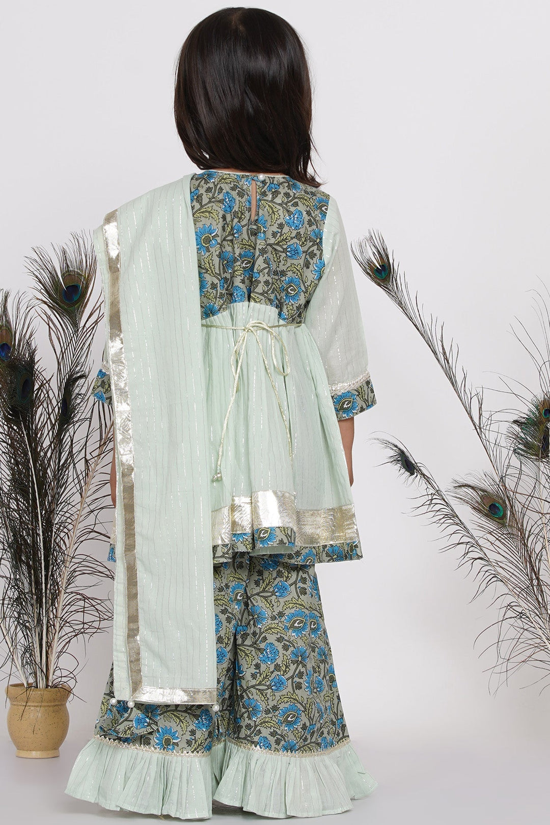 Girls Zardosi Work Kurta Frock with Plazzo and Striped Dupatta  | SHOBITAM