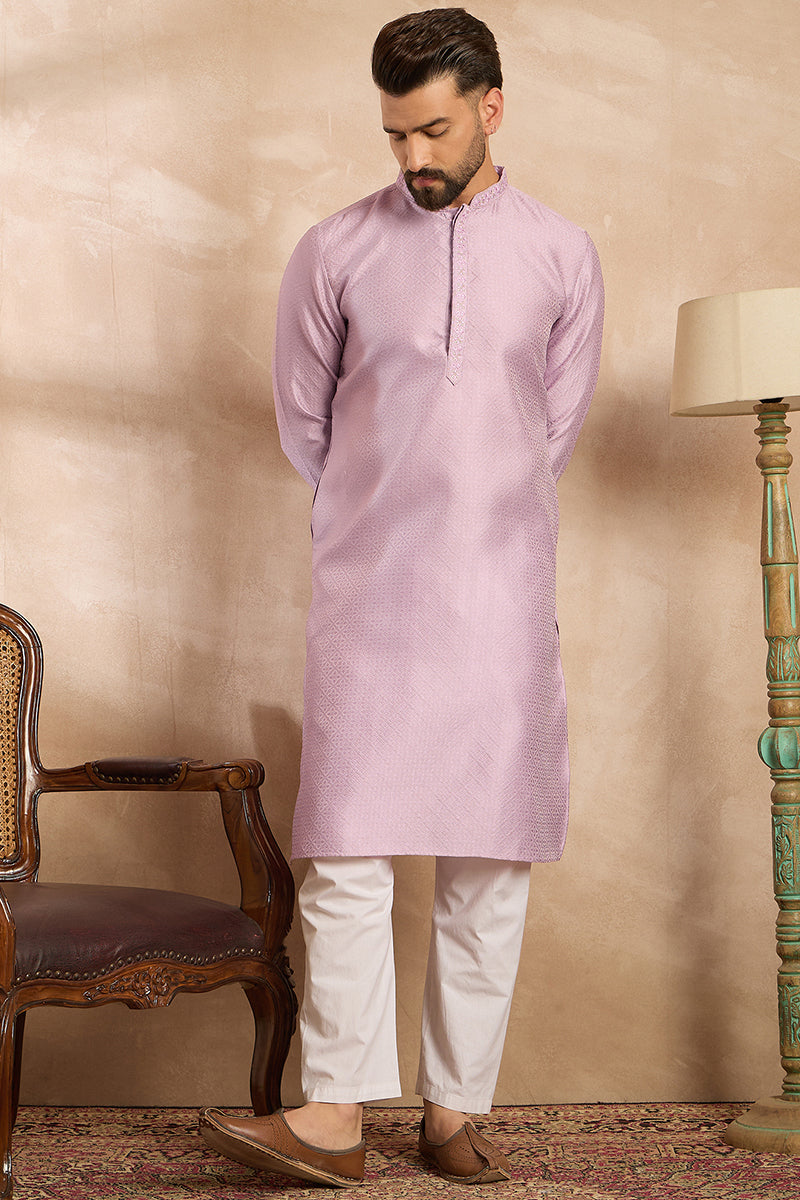 Lavender Polyester Solid Embroidered Straight Kurta | SHOBITAM