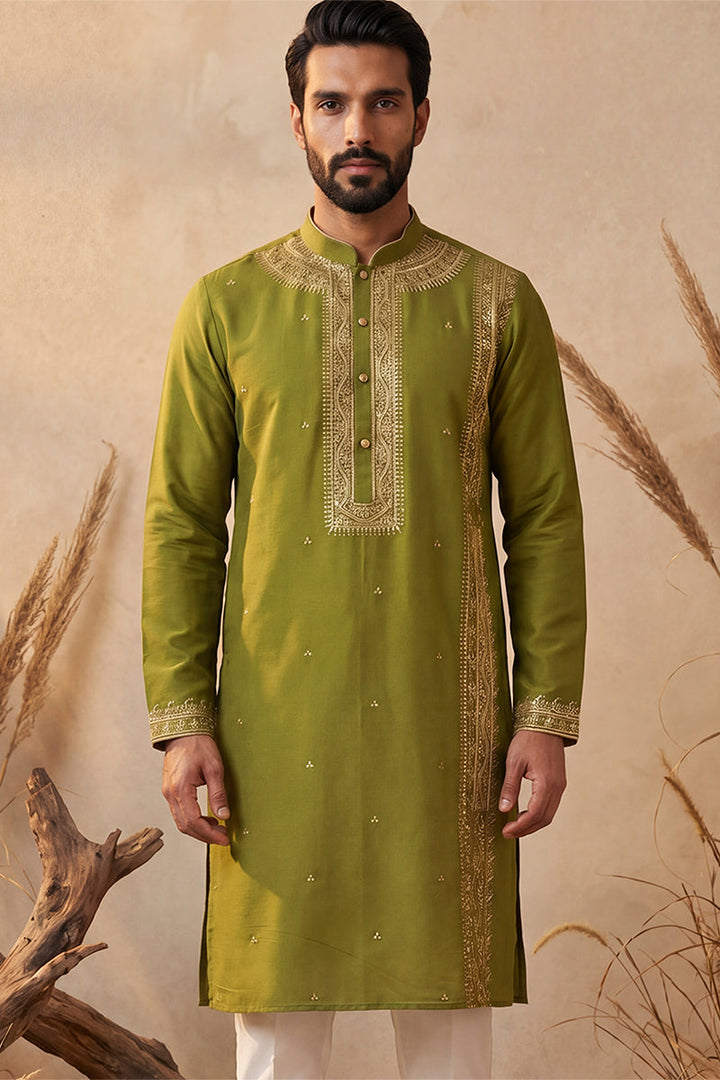 Mens Green Silk Blend Solid Emboidered Straight Kurta With Trouser | SHOBITAM