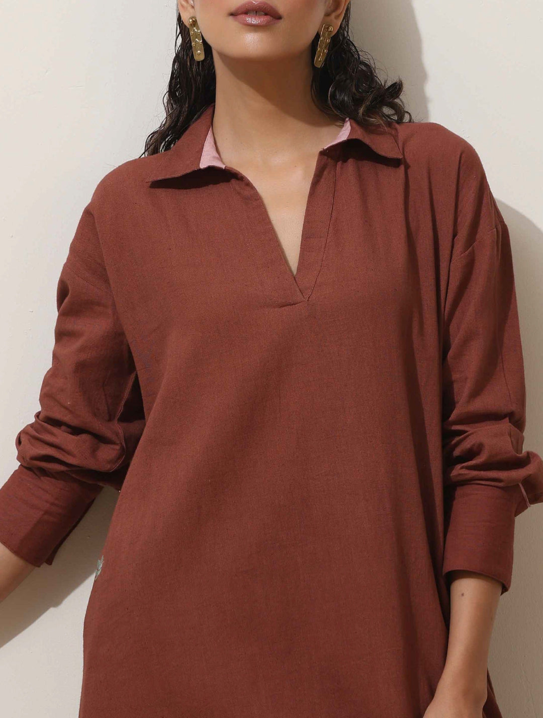 Brown Cotton Linen Kurta Pant Set | SHOBITAM