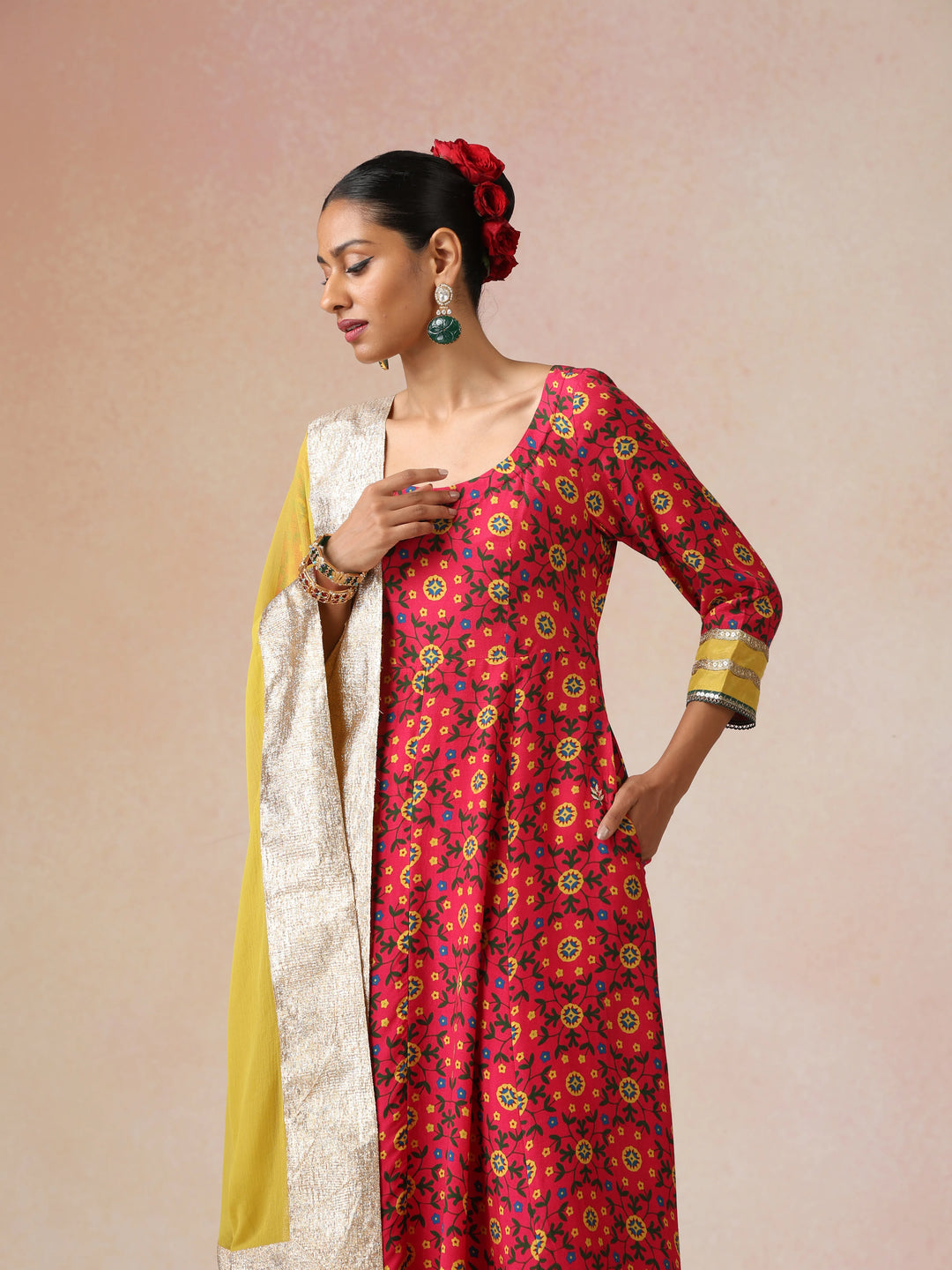Pink Green Floral Print Viscose Anarkali Kurta Pants Dupatta Set | SHOBITAM