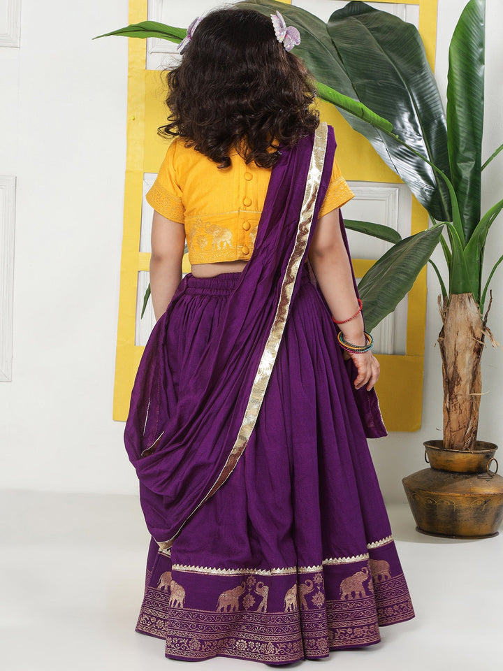 Purple Elephant Zari Embroidery Chanderi Cotton Lehenga with Stitched Yellow Blouse Set | SHOBITAM