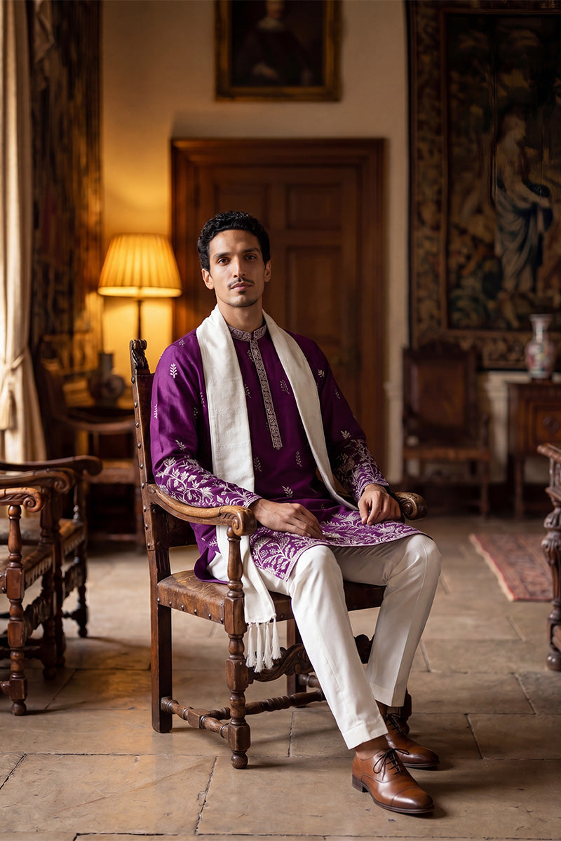 Men Purple Silk Blend Solid Embroidered Straight Kurta Trouser with Dupatta  | SHOBITAM