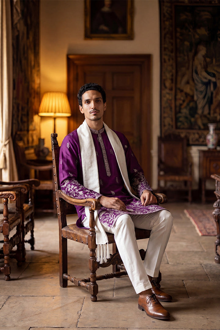 Men Purple Silk Blend Solid Embroidered Straight Kurta Trouser with Dupatta  | SHOBITAM