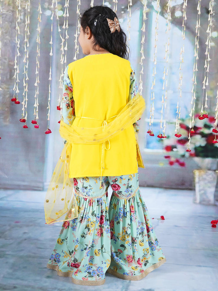 Rajasthani Floral Embroidery & Print Kurta Sharara - Yellow & Green | SHOBITAM