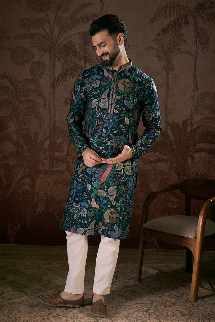 Blue Silk Blend Floral Printed Straight Kurta | SHOBITAM